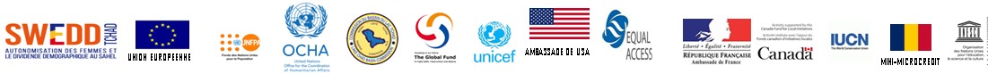 Logos des partenaires : SWEDD Tchad, Union européenne, UNFPA, OCHA, Commission du Bassin du Lac Tchad, Fonds mondial, UNICEF, Ambassade des États-Unis, Equal Access, Ambassade de France, Fonds canadien d'initiatives locales, UICN, Ministère du Microcrédit, UNESCO