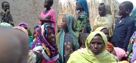 Femmes et enfants réunis lors d'une séance de sensibilisation dans un village du Lac